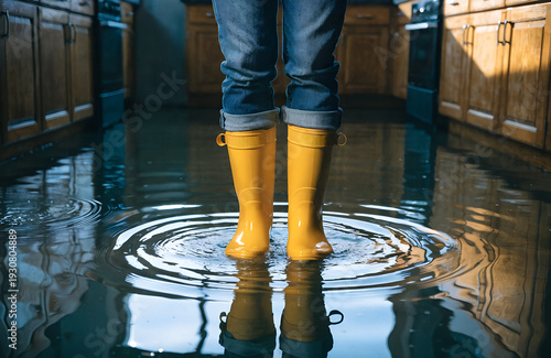Flooded kitchen scene person in yellow rubber boots standing in water indoor household emergency water damage cleanup prevention ripples wooden cabinets appliances background
