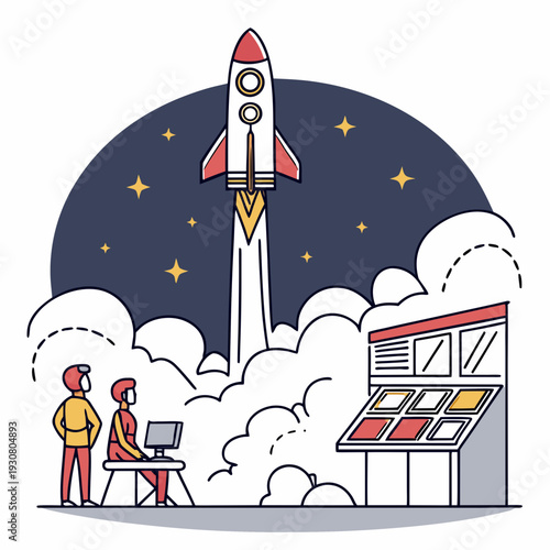 A rocket launching into the night sky with people watching