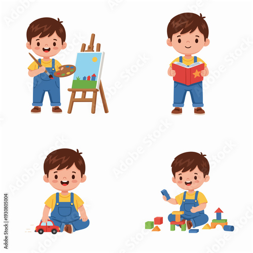 Cute Cartoon Little Boy in Various Activities Clip Art Illustration