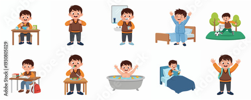 Cartoon Illustration of a Boy's Daily Routine Activities and Expressions