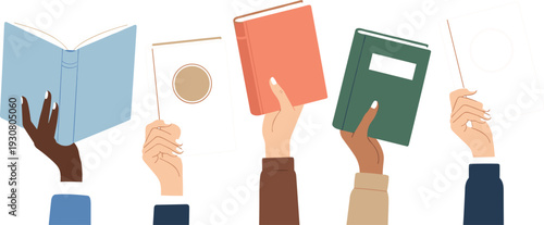 Diverse Hands Holding Books Vector Illustration with Different Book Covers, Reading Concept and Education Diversity Theme