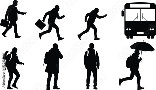 Urban commuter silhouettes walking, running, bus transport, daily life, travel, city people, umbrella, backpack, briefcase, transportation concept