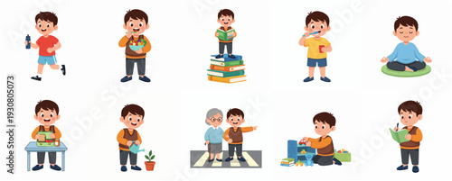 Cute Flat Illustration of Boy in Various Daily Activities Set Character