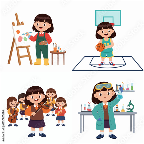 Cute Cartoon Little Girl in Various Professions Illustration Set