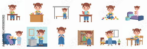 Cute Cartoon Little Girl Various Daily Activity Poses and Illustration Set