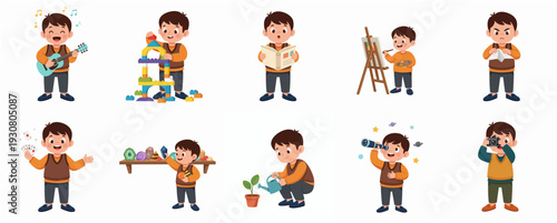 Cartoonish Young Boy Doing Different Activities Illustration Set