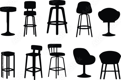 Bar stool and chair silhouette set, modern furniture collection icons, cafe seating vector illustration isolated on white