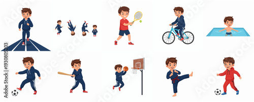 Cute Cartoon Boy Character Doing Various Sport Activity Illustration Set