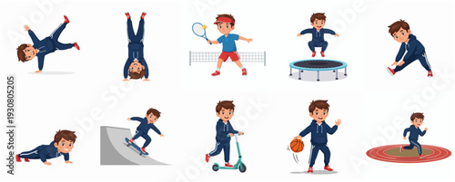 Cartoon Style Collection of Boy Practicing Different Sport Activities Character