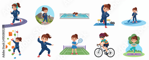 Cartoon Illustration of Girl Practicing Various Sports and Outdoor Activities