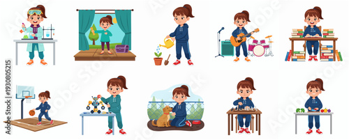 Diverse Cartoon Girl Engaged in Various Activities and Hobbies Illustration