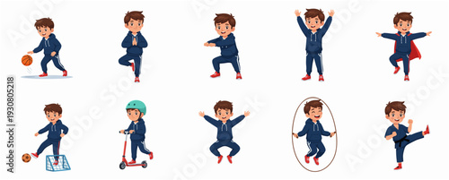 Cartoon Active Boy Doing Different Sports and Activities Illustration Set