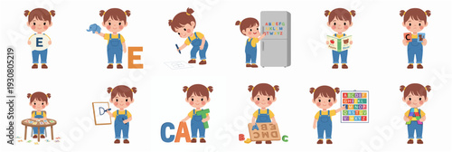 Cute Handdrawn Little Girl Activities and Learning Process Illustration Set