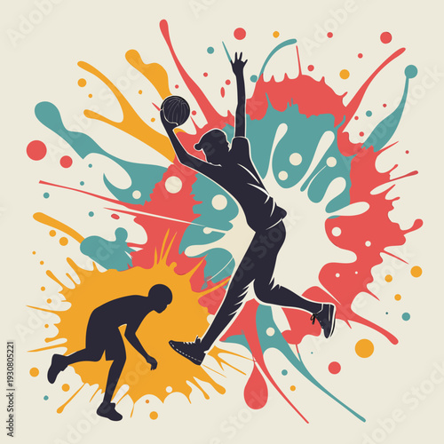 A silhouette of two people playing basketball with colorful paint splatters