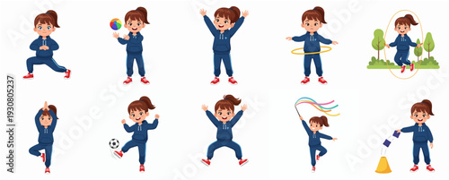 Cartoon Cheerful Girl Doing Various Physical Activities and Sporting Exercises Illustration