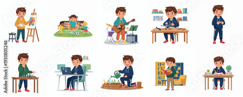 Colorful Flat Illustration of Boy Enjoying Various Hobbies and Activities Collection