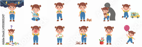Cute Cartoon Little Girl in Different Emotions and Situations Illustration Set