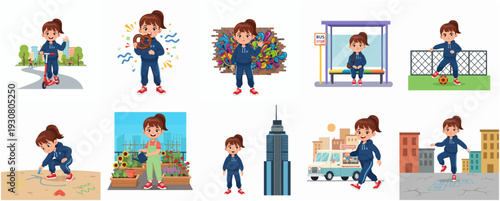 Cartoon Style Set of Girl Daily Activity Illustration with Various Scenes