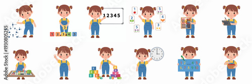 Cute Flat Style Little Girl Playing with Educational Toys Illustration Set