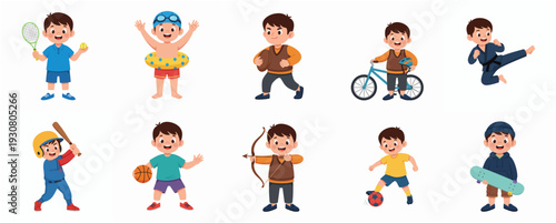 Cartoon Flat Style Cheerful Boy Character Doing Different Sports Activities Illustration