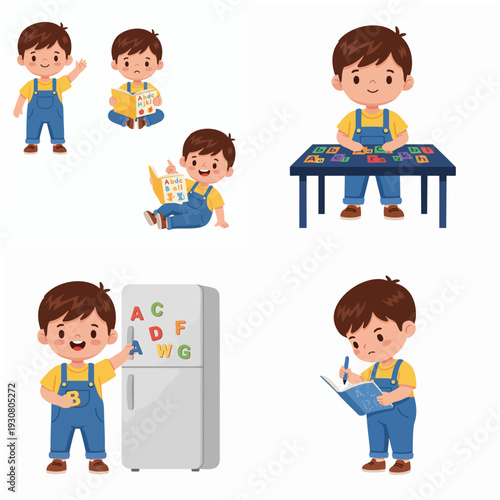 Cute Handdrawn Little Boy Studying Alphabet and Playing with Letters Illustration