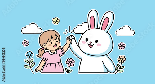 Little Girl High Fiving Cartoon White Rabbit.