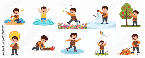 Cute Flat Illustration of Little Boy Enjoying Activities in All Seasons
