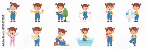 Cute Handdrawn Little Girl Daily Activities Cartoon Illustration Set