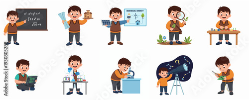 Cartoon Style Diverse Boy in Various Science and Educational Activities Illustration