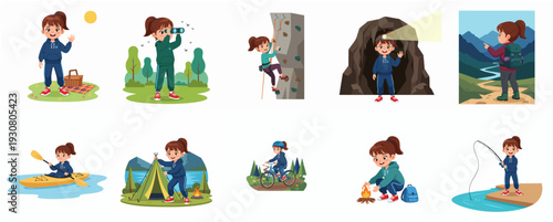 Cartoon Illustration Set of Girl Enjoying Different Outdoor Adventure Activities