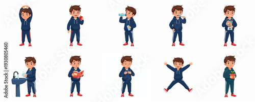 Flat Style Little Boy Daily Activity Set in Blue Outfit Illustration