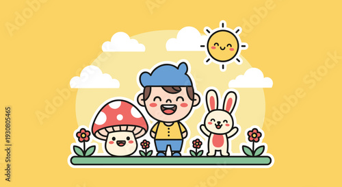 Cartoon Boy with Mushroom and Rabbit Friends.