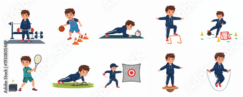 Cartoon Boy Doing Various Sports and Fitness Exercises Illustration Set