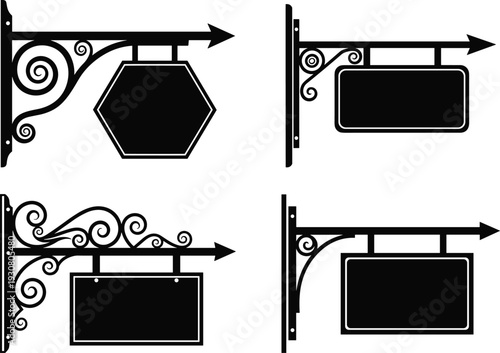 Vintage wrought iron hanging shop signs set, empty decorative black frames for boutique and store branding, cad drawing flat vector illustration, isolated.