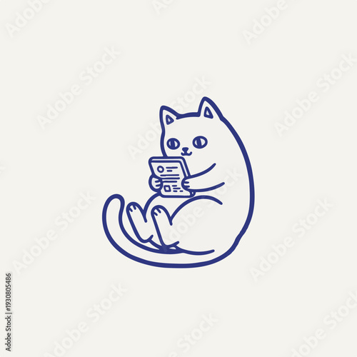 Vector outline cat doomscrolling on smartphone for digital addiction awareness and social media burnout during mental health month
