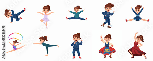 Cartoon Diverse Little Girl Dancing Various Styles Pose Set Illustration