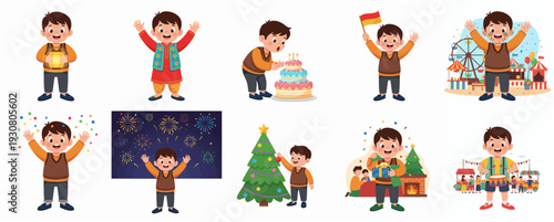 Cartoon Illustration of Boy Celebrating Different Holiday and Festival Set