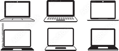 Laptop computer silhouette icon set, modern notebook devices collection, technology hardware symbols, black vector illustration isolated on white