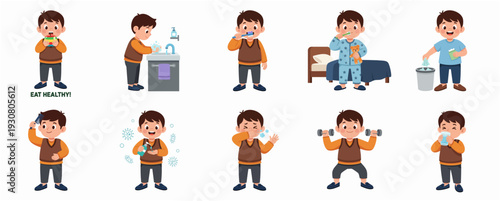Cartoon Style Set of Boy Daily Activities Routine Illustration