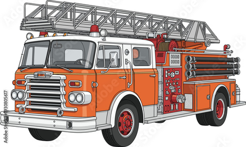 Vintage orange fire truck with ladder vector illustration, emergency rescue vehicle for firefighting, cad drawing flat vector illustration, isolated on white.