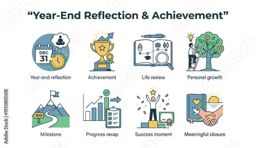 Year end reflection and achievement icons for business and personal growth