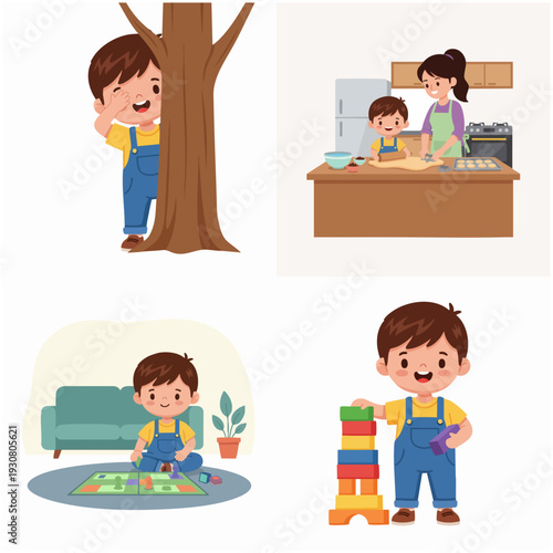 Cheerful Handdrawn Little Boy Playing Activity Indoors and Outdoors Illustration Set