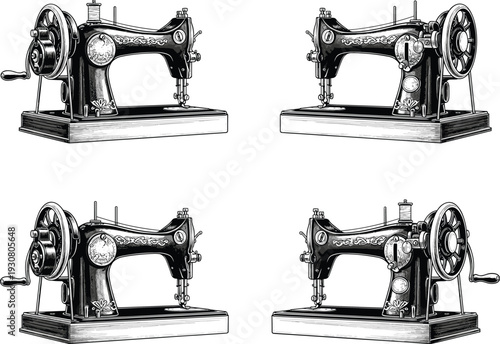 Realistic antique manual sewing machine vector illustration, vintage tailor equipment with decorative details, cad drawing flat vector illustration, isolated on white.