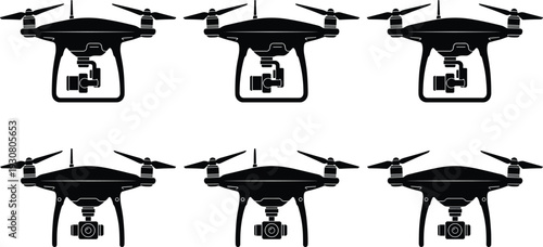 Drone quadcopter silhouettes set, aerial camera UAV technology vector illustration isolated on white background modern gadget collection
