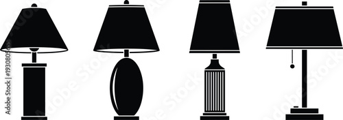 Vector Silhouette Icon Set of Various Modern and Classic Table Lamps Isolated on White Background for Interior Design and Decor