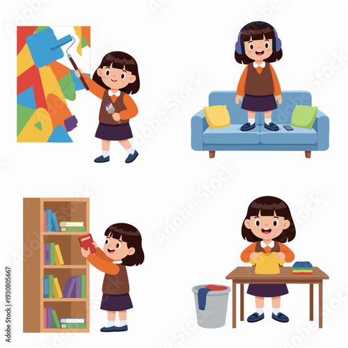 Cartoon Happy Little Girl Doing Various Activities Illustration Set