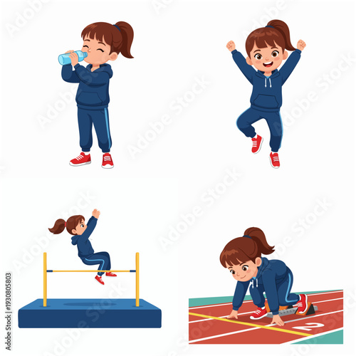 Cartoon Style Illustration Girl Athlete in Various Poses Character Set
