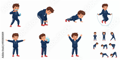 Flat Character Illustration Set of a Boy Doing Exercise Activities
