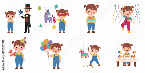 Cheerful Flat Cartoon Girl Celebrating Birthday Party Activity and Fun Illustration