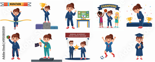 Cute Cartoon Girl Character Success Activities Achieving Goals Illustration Set